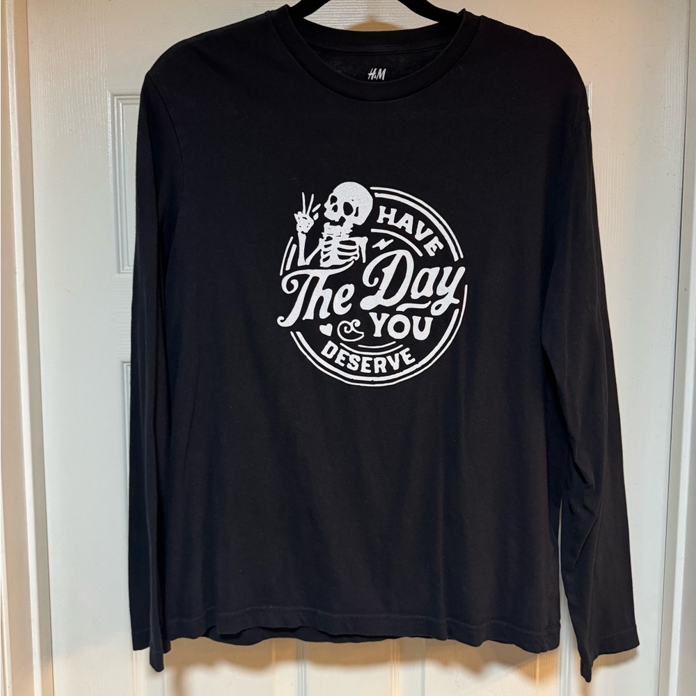 H&M Black Long Sleeve Tee with White Skeleton Graphic